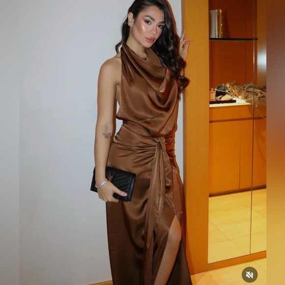 Zara Brown Satin maxi long Dress evening party wedding cocktail gown